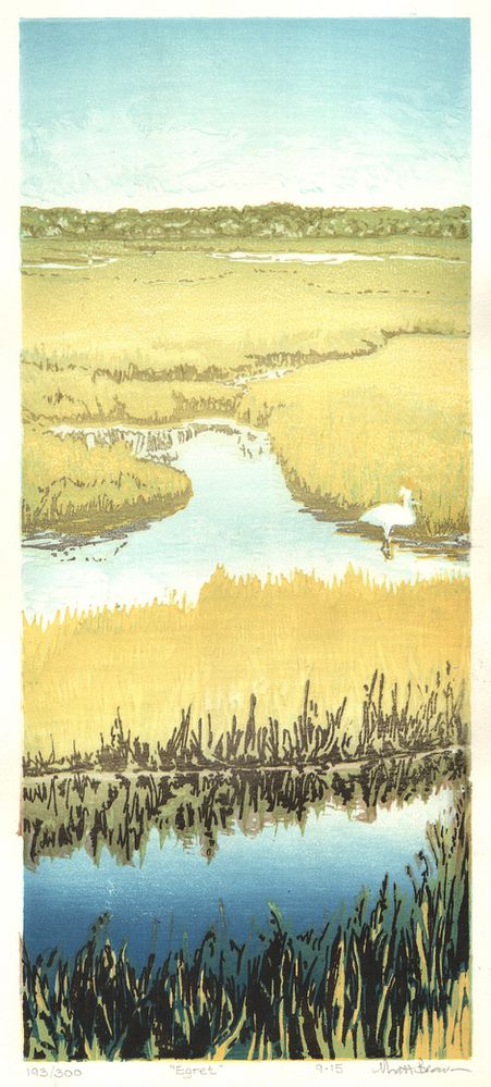 Matt Brown Woodblock Print Egret