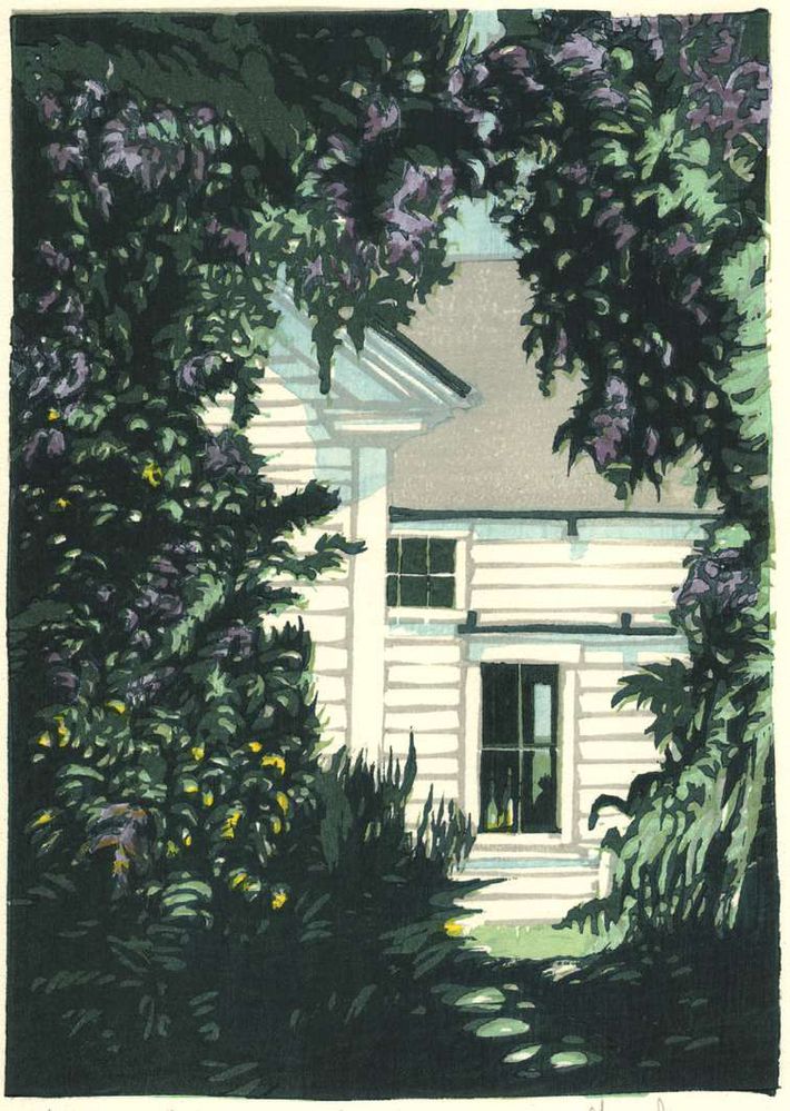 Matt Brown Woodblock Print Through The Lilacs